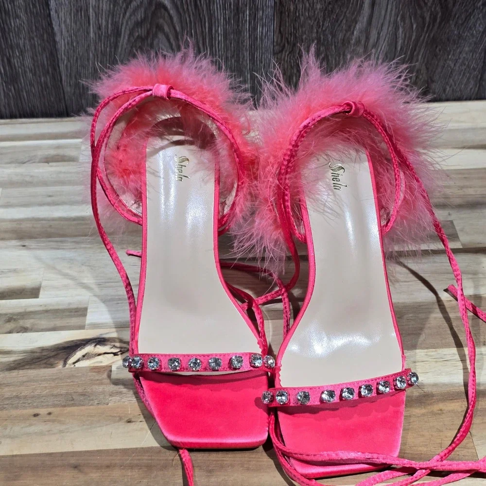 Hot Pink Rhinestone Feather Tie Up Heels‎ Sandals US Size7 Shein Size 38